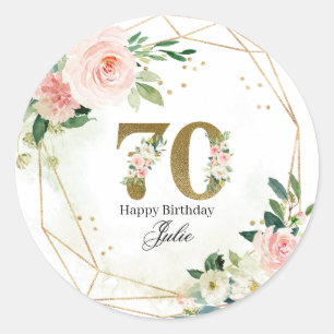 Pegatina Redonda Personalizado de oro y floral para 70 cumpleaños p