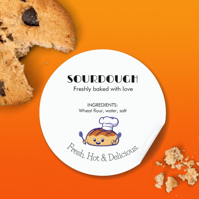 Pegatina Redonda Personalizado de pan de alto contenido en bruto Te (Sourdough Bread Cartoon Bold Text Modern Classic Round Sticker)