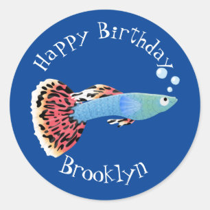 Pegatina Redonda Personalizado de peces tropicales guppy elegante c