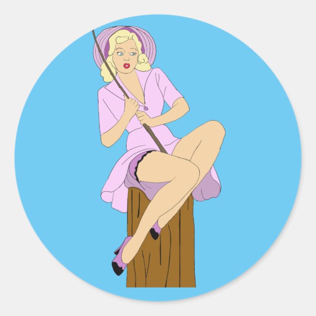 Pegatina Redonda Personalizado de pesca Chica de Pinup rubio arte o (Anverso)