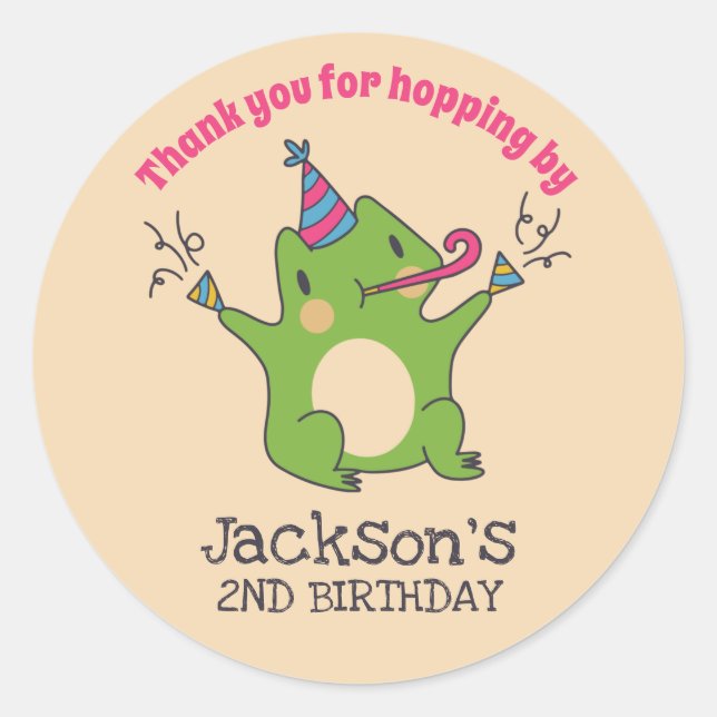Pegatina Redonda Personalizado de Rana Verde Niños Fiesta de Cumple (Anverso)