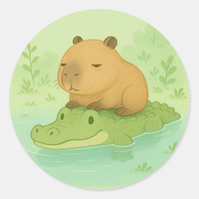 Pegatina Redonda Personalizado de regalo lindo Capybara en cocodril (Anverso)