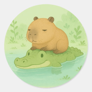 Pegatina Redonda Personalizado de regalo lindo Capybara en cocodril