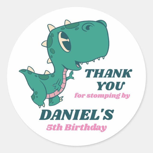 Pegatina Redonda Personalizado de T-Rex Dinosaurios niños Fiesta de (Anverso)