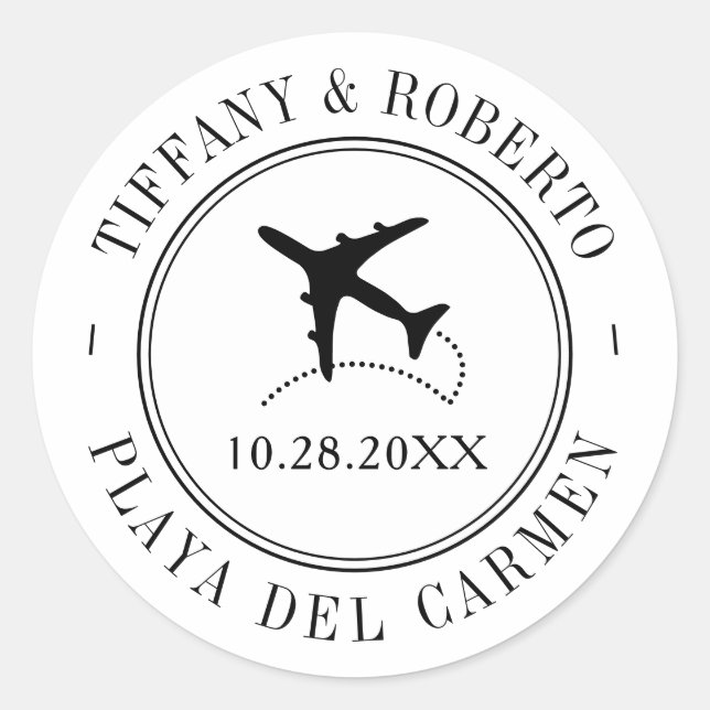 Pegatina Redonda Personalizado de temas de viaje Avión de boda de d (Anverso)