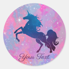 Pegatina Redonda Personalizado de texto rosa/morado galaxia unicorn
