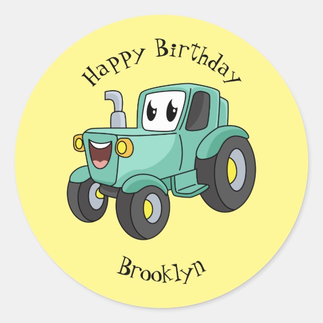 Pegatina Redonda Personalizado de tractores verde feliz (Anverso)