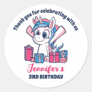 Pegatina Redonda Personalizado de unicornio, chicas, fiesta de cump
