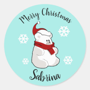 Pegatina Redonda Personalizado del oso polar con copo de nieve de F