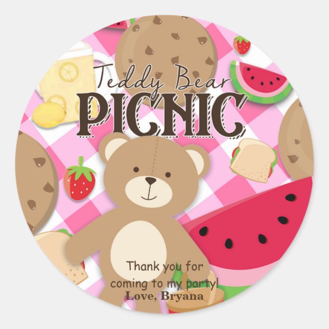 Pegatina Redonda Personalizado del Pink Teddy Bear Picnic Birthday  (Anverso)