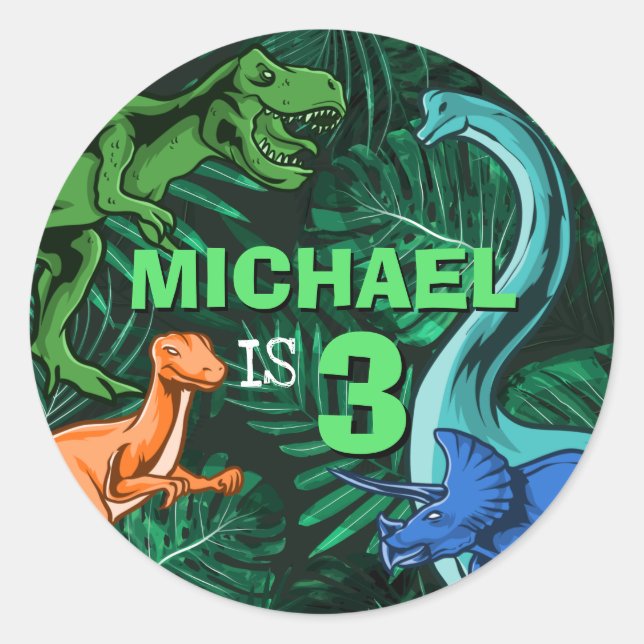 Pegatina Redonda Personalizado Dino Trex Jurassic Boy Dinosaur Cump (Anverso)