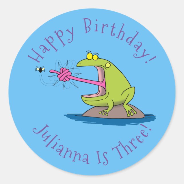 Pegatina Redonda Personalizado divertida de rana y mosca (Anverso)