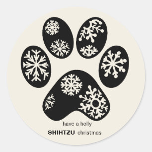 Pegatina Redonda Personalizado DOG BREED Chrsitmas Paw Snowflake