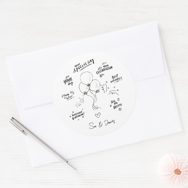 Pegatina Redonda Personalizado Doodle Balón moderno Feliz cumpleaño (Sobre)