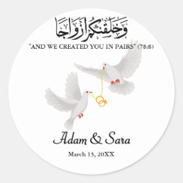 Pegatina Redonda Personalizado Doves Boda musulmán Gold Nikkah