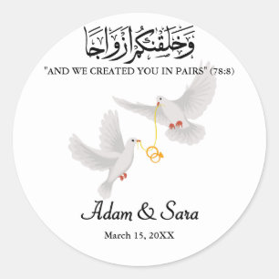 Pegatina Redonda Personalizado Doves Boda musulmán Gold Nikkah