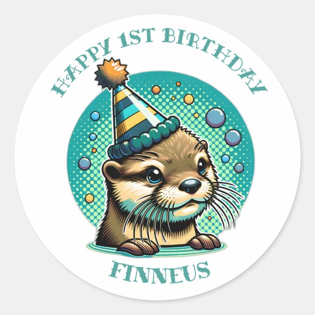 Pegatina Redonda Personalizado el primer cumpleaños de un chico con (Anverso)