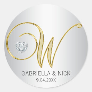 Pegatina Redonda Personalizado Elegant Silver Gold Monogramado Boda