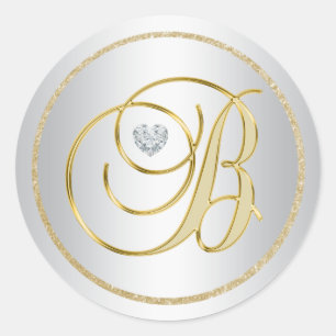 Pegatina Redonda Personalizado Elegant Silver Gold Monogramado Boda