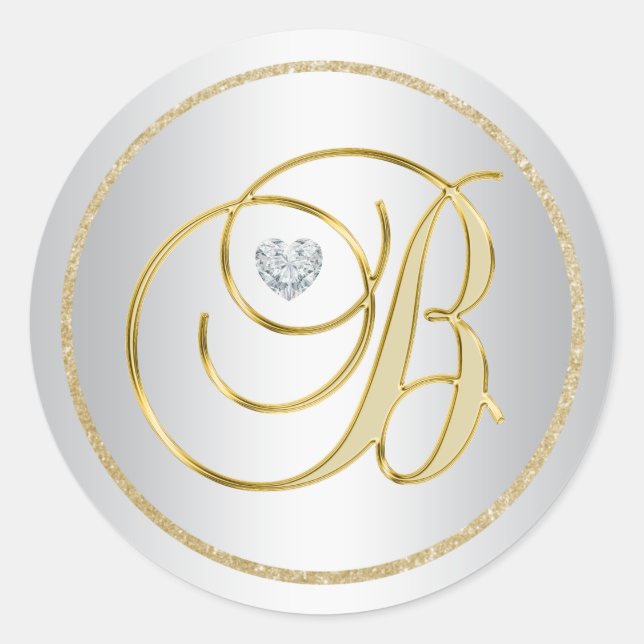 Pegatina Redonda Personalizado Elegant Silver Gold Monogramado Boda (Anverso)