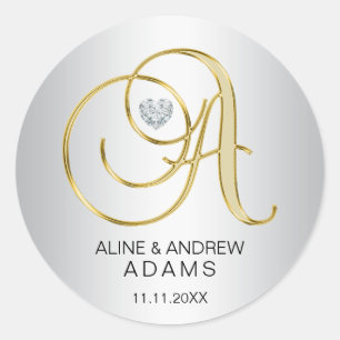 Pegatina Redonda Personalizado Elegant Silver Gold Monogramado Boda