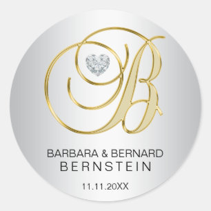Pegatina Redonda Personalizado Elegant Silver Gold Monogramado Boda