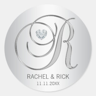 Pegatina Redonda Personalizado Elegant Silver Monogramado Boda