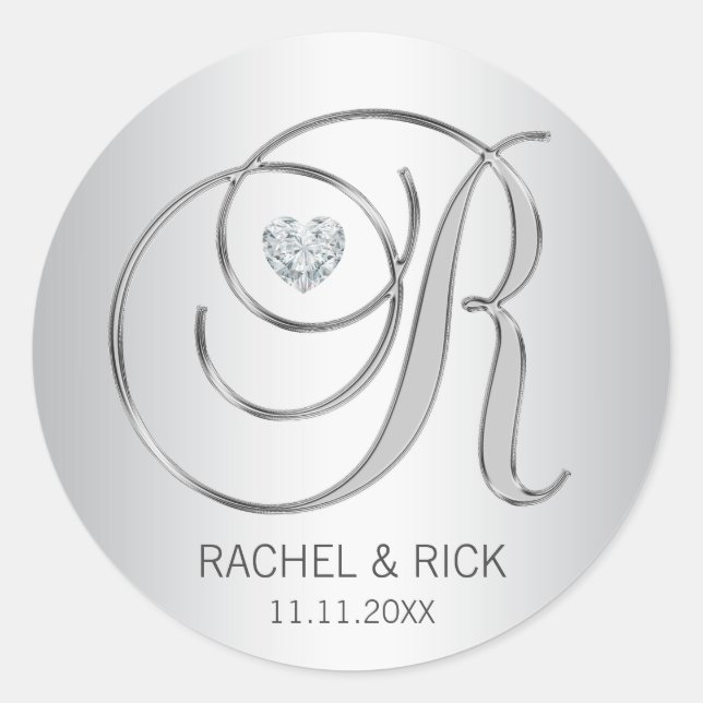 Pegatina Redonda Personalizado Elegant Silver Monogramado Boda (Anverso)