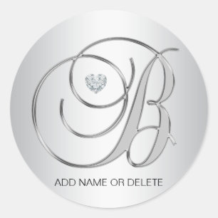 Pegatina Redonda Personalizado Elegante Plata Monogramada Letra Ini