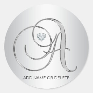 Pegatina Redonda Personalizado Elegante Plata Monogramada Letra Ini