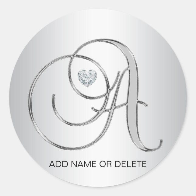 Pegatina Redonda Personalizado Elegante Plata Monogramada Letra Ini (Anverso)