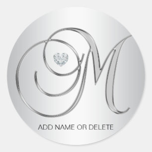 Pegatina Redonda Personalizado Elegante Plata Monogramada Letra Ini