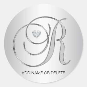 Pegatina Redonda Personalizado Elegante Plata Monogramada Letra Ini