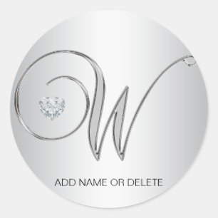 Pegatina Redonda Personalizado Elegante Plata Monogramada Letra W I
