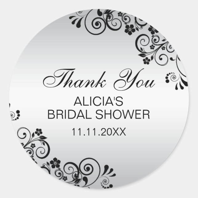 Pegatina Redonda Personalizado Elegante Silver Bridal Shower Gracia (Anverso)