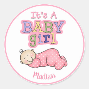Pegatina Redonda Personalizado es un bebé Chica durmiendo