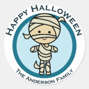 Pegatina Redonda Personalizado Feliz Halloween Blue Mummy Monster F