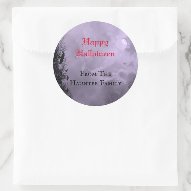 Pegatina Redonda Personalizado Feliz Halloween Luna llena y Raven M (Bolso)