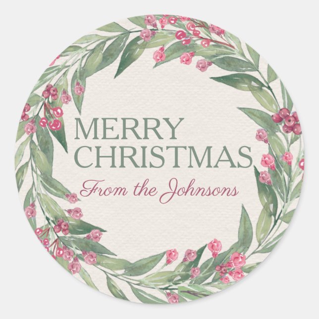 Pegatina Redonda Personalizado Feliz Navidad acuarela Red Holly Wre (Anverso)