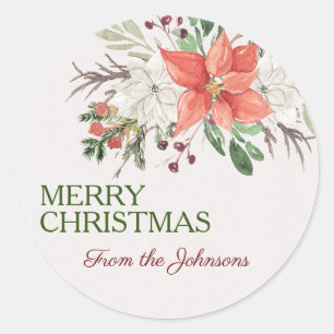 Pegatina Redonda Personalizado Feliz Navidad Añadir nombre Floral a