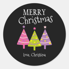 Pegatina Redonda Personalizado Feliz Navidad Árboles rosas