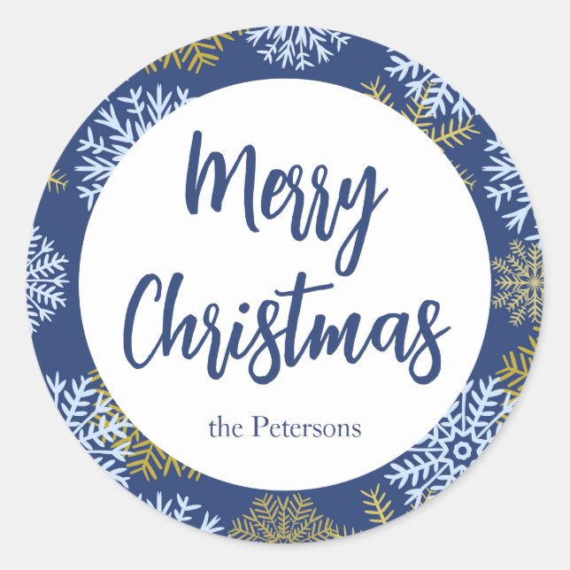Pegatina Redonda Personalizado Feliz Navidad Azul Invierno Copos de (Anverso)