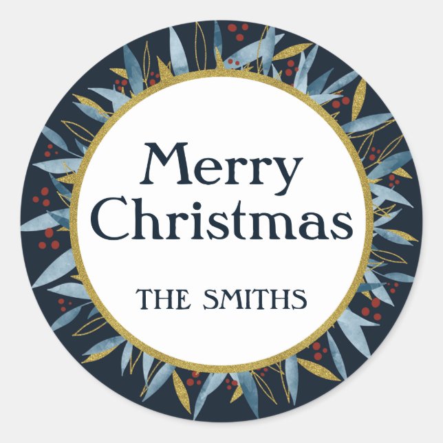 Pegatina Redonda Personalizado Feliz Navidad Marco Dorado (Anverso)
