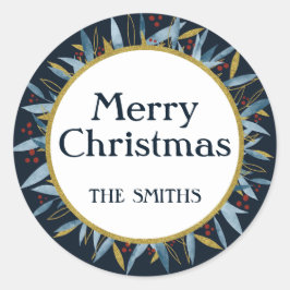 Pegatina Redonda Personalizado Feliz Navidad Marco Dorado