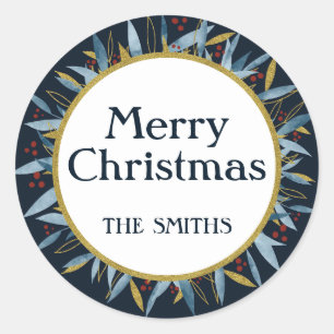 Pegatina Redonda Personalizado Feliz Navidad Marco Dorado