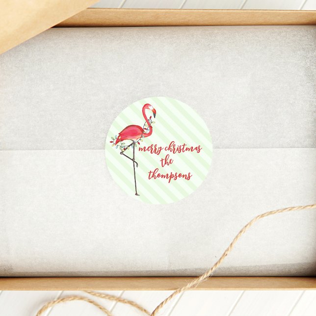 Pegatina Redonda Personalizado Flamingo Rosa Feliz Navidad (Pink Flamingo Merry Christmas custom sticker.)