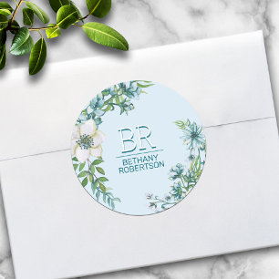 Pegatina Redonda Personalizado floral acuarela azul bonito