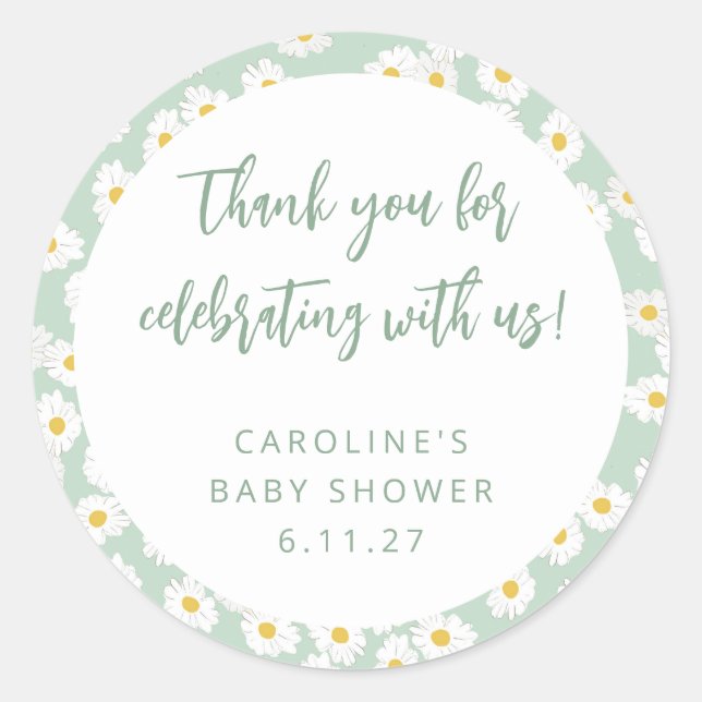 Pegatina Redonda Personalizado Floral Cute Sage Daisies Baby Shower (Anverso)