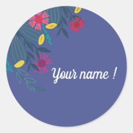 Pegatina Redonda Personalizado floral elegante nombre sencillo azul