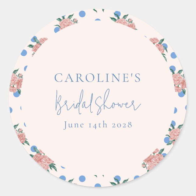 Pegatina Redonda Personalizado Floral Peonía Retro Puntos Azules De (Anverso)